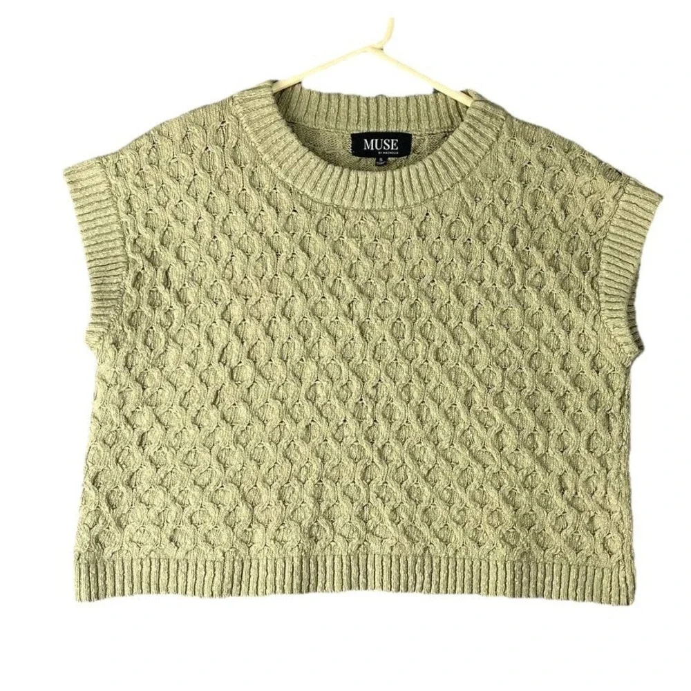 Muse Magnolia Light Sage Green Cable Knit Cropped Sweater Sz‎ S Chunky Cotton